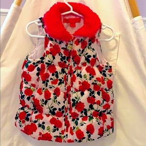 Betsey Johnson Floral Puffer Vest w Fur Collar